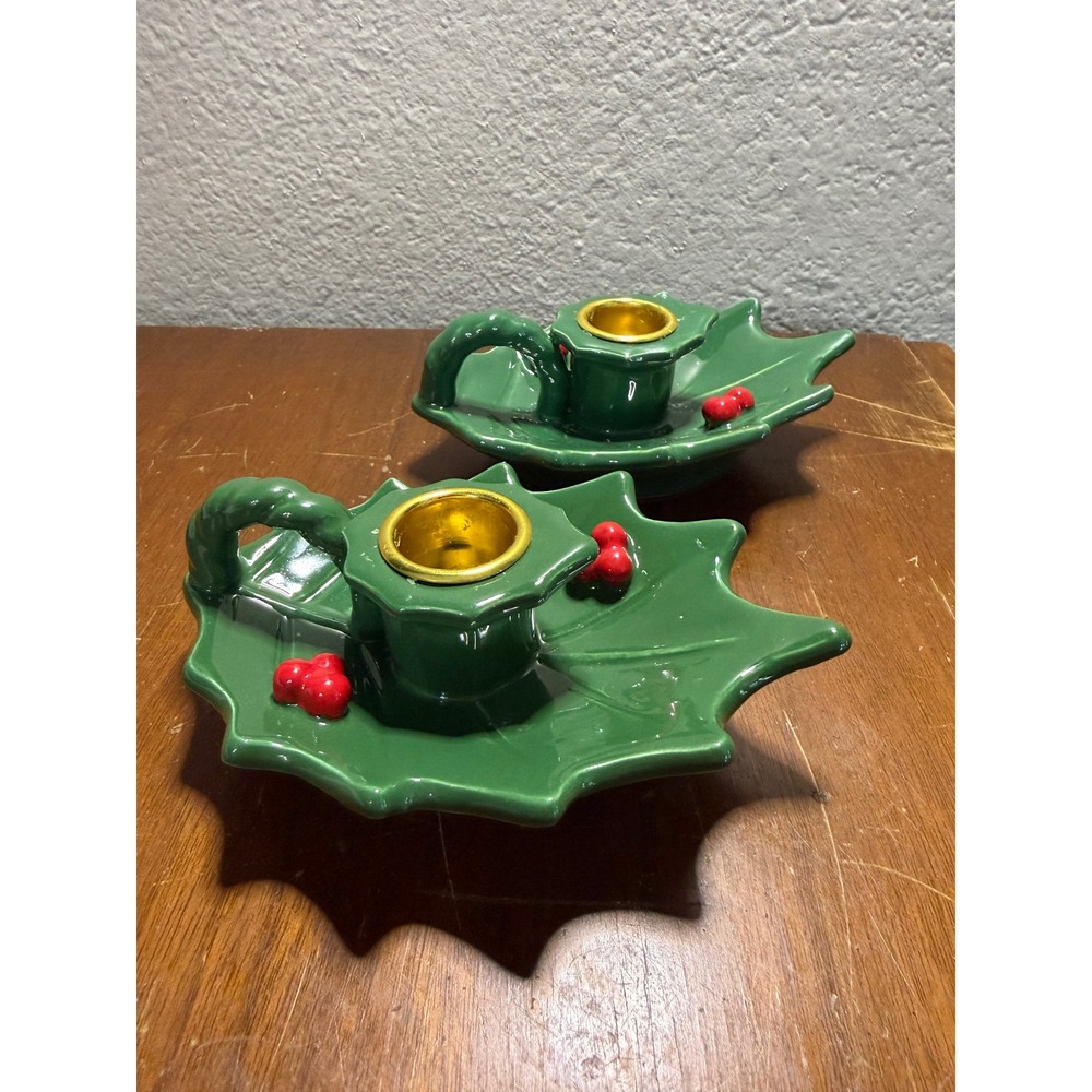 Vintage - Christmas Green Holly Candleholdersβ Pair of 2